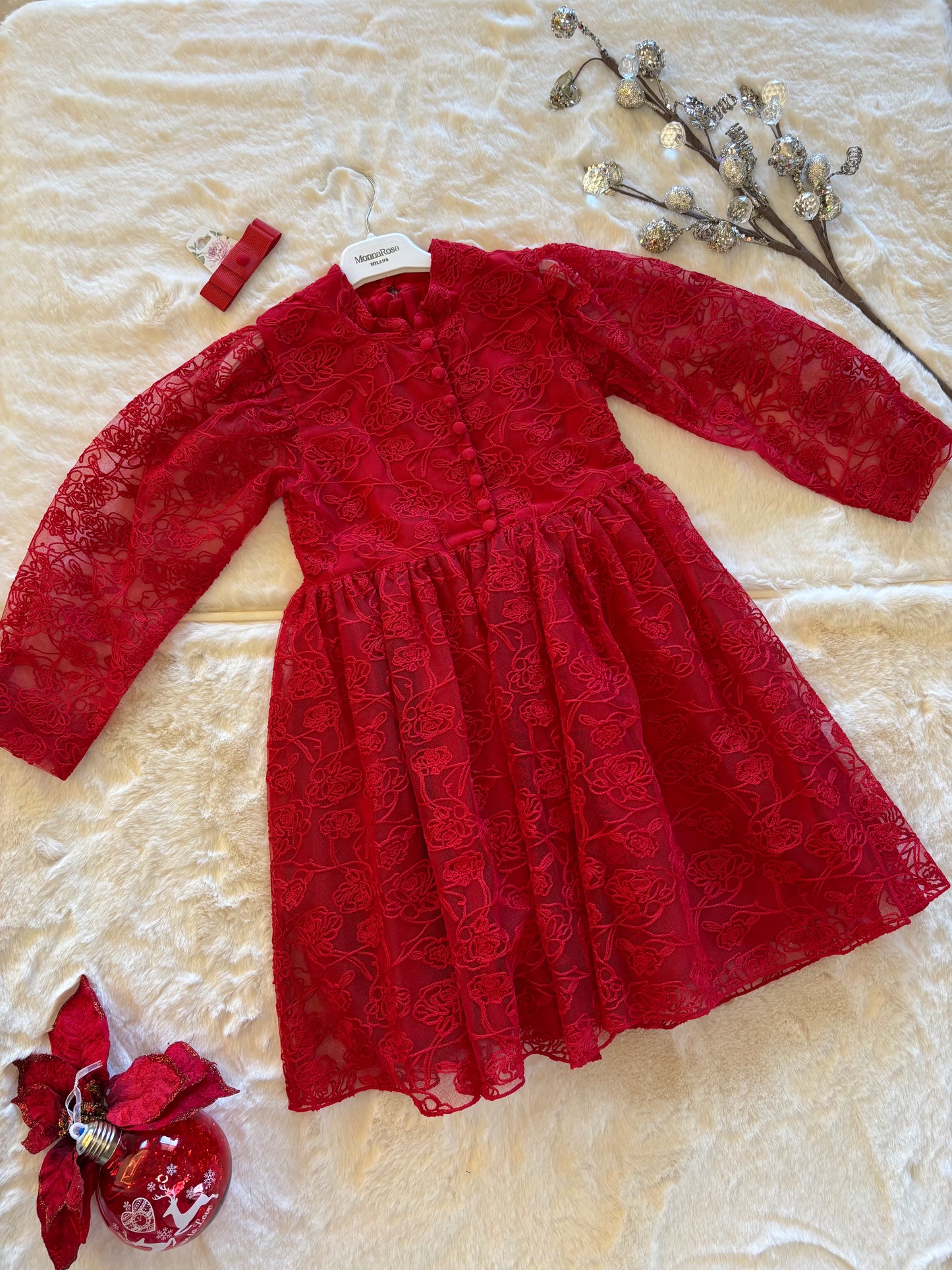 ❤️ Red Lace Classic Dress + Bow Clip Set