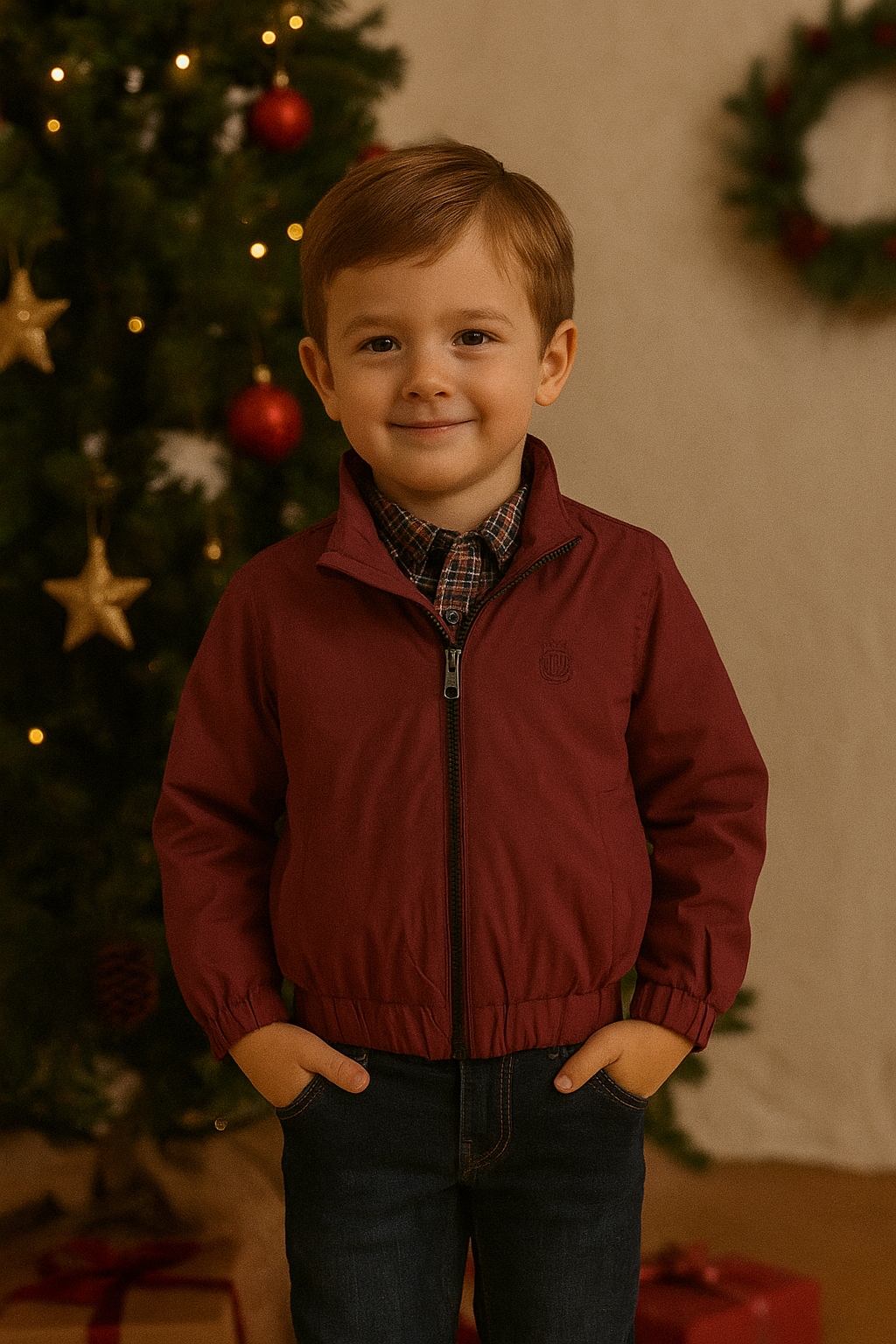Burgundy Jacket, Plaid Shirt & Jeans Set