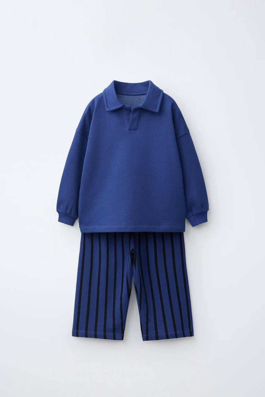 Blue Polo & Striped Wide Leg Set