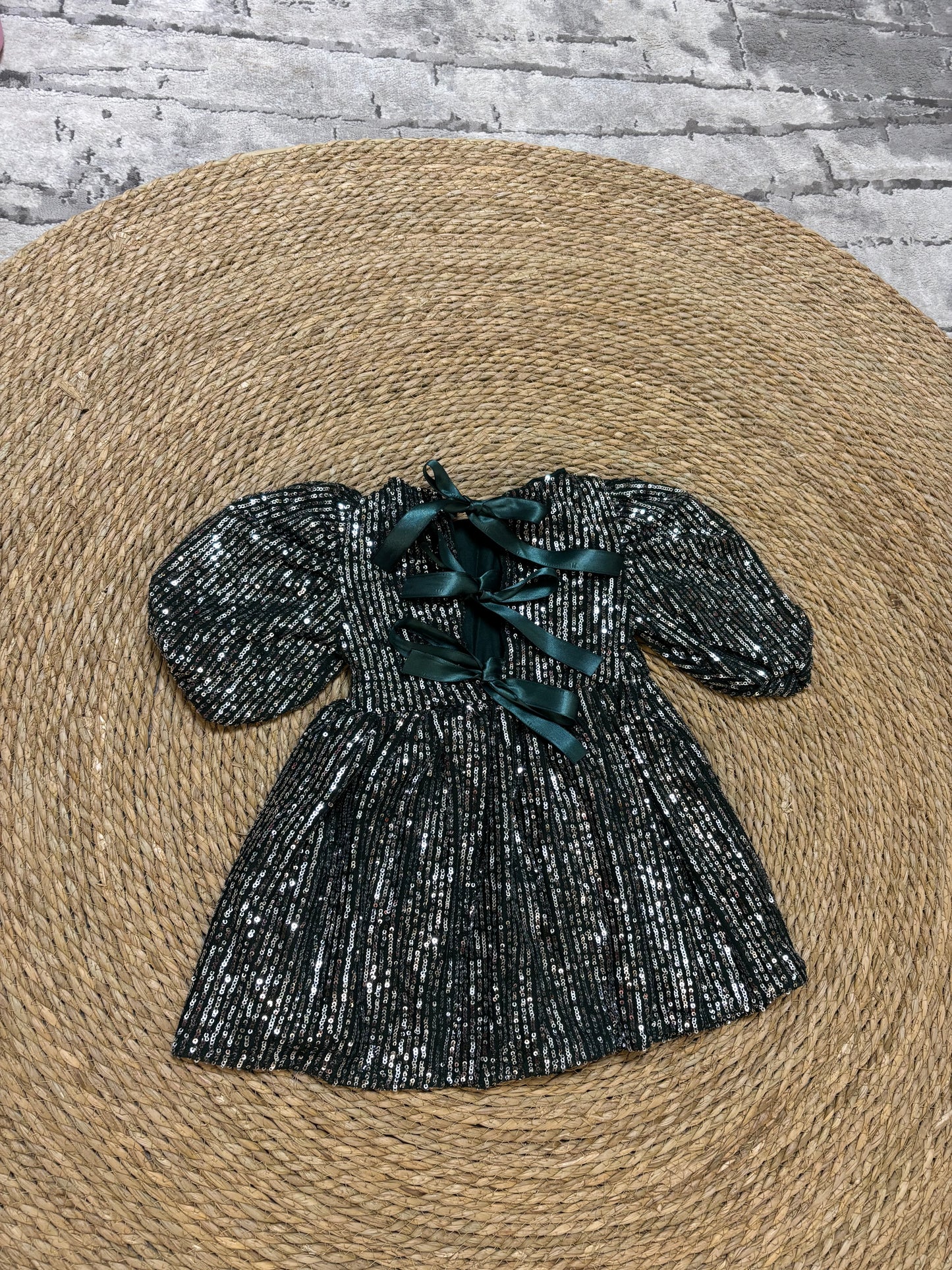 Girls Emerald Sequin Open-Back Bow Dress