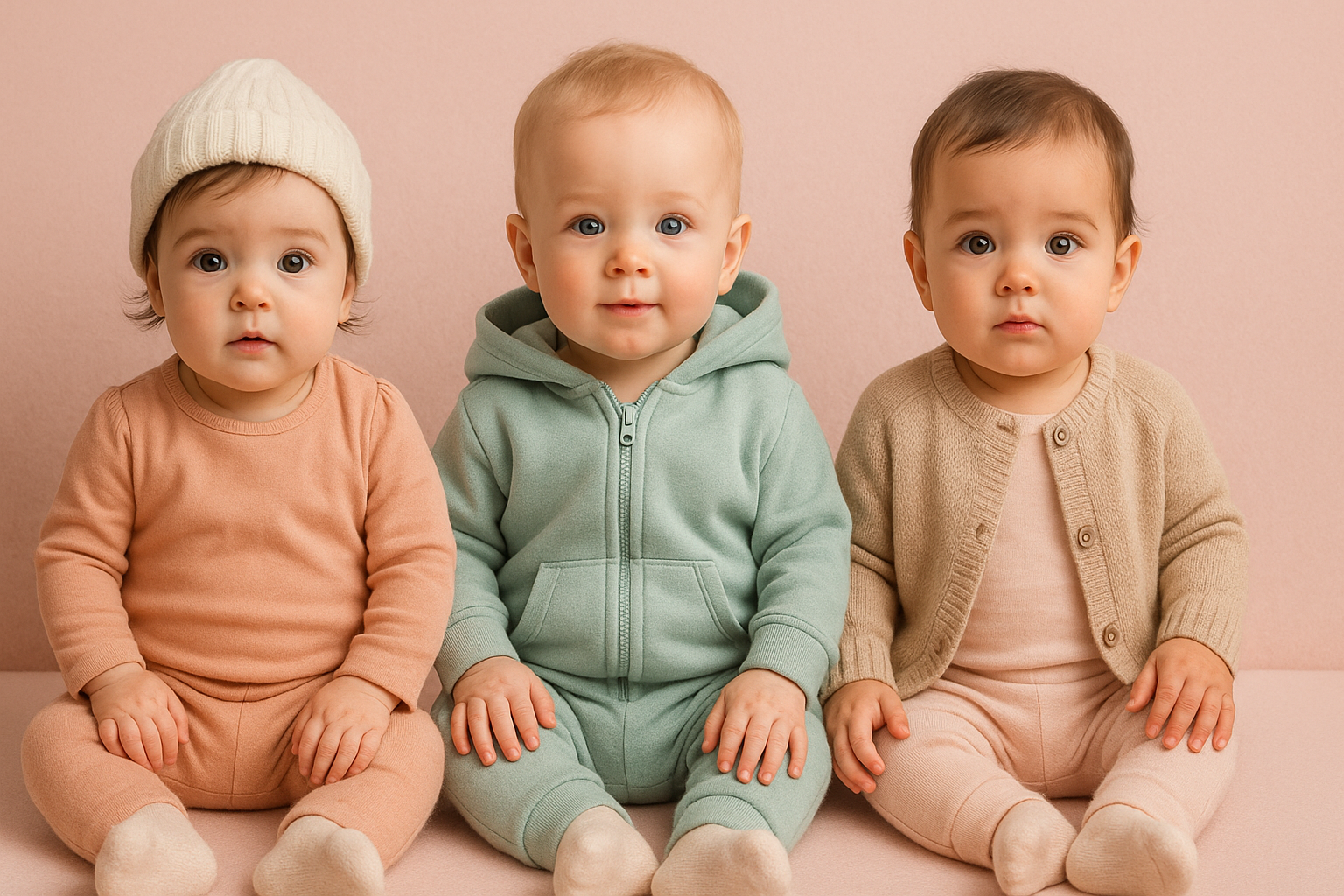 Three babies wearing pastel-colored outfits against a pink background