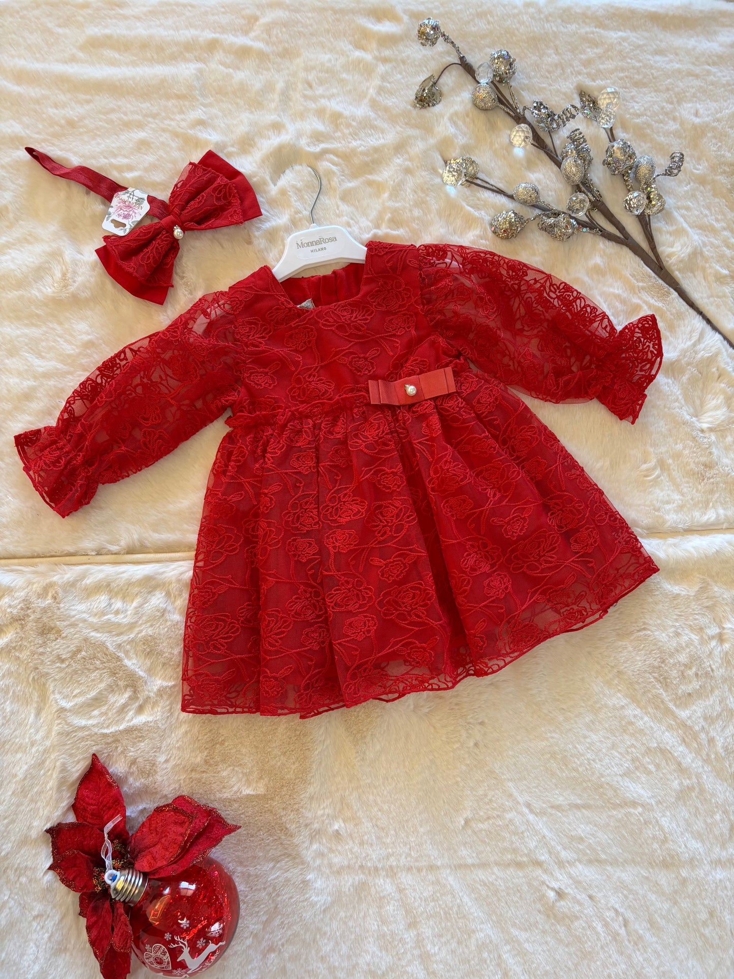 ❤️ Crimson Lace Holiday Dress + Bow Headband Set | Monnarosa Milano