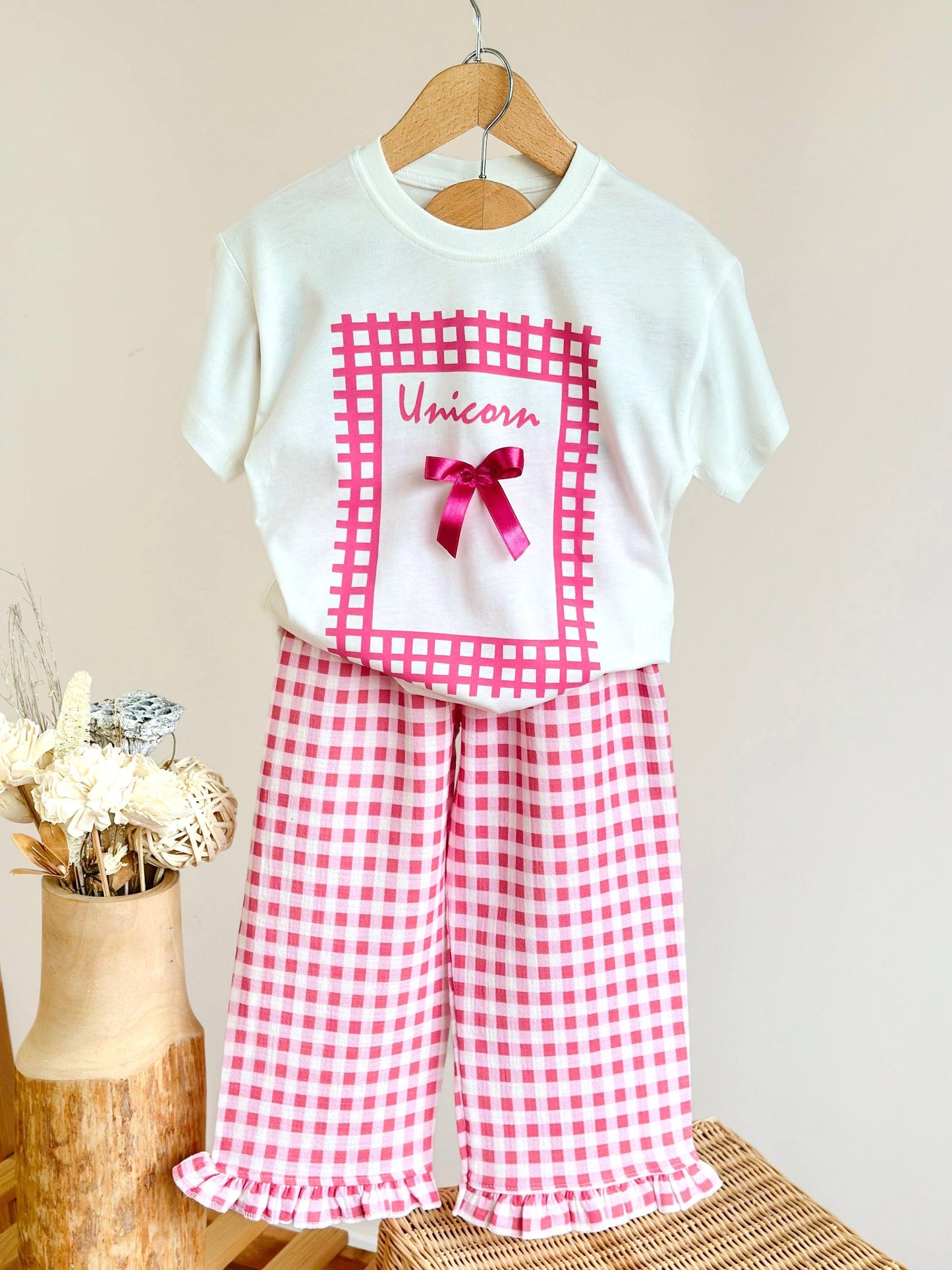 Pink Gingham Bow Wide-Leg Set