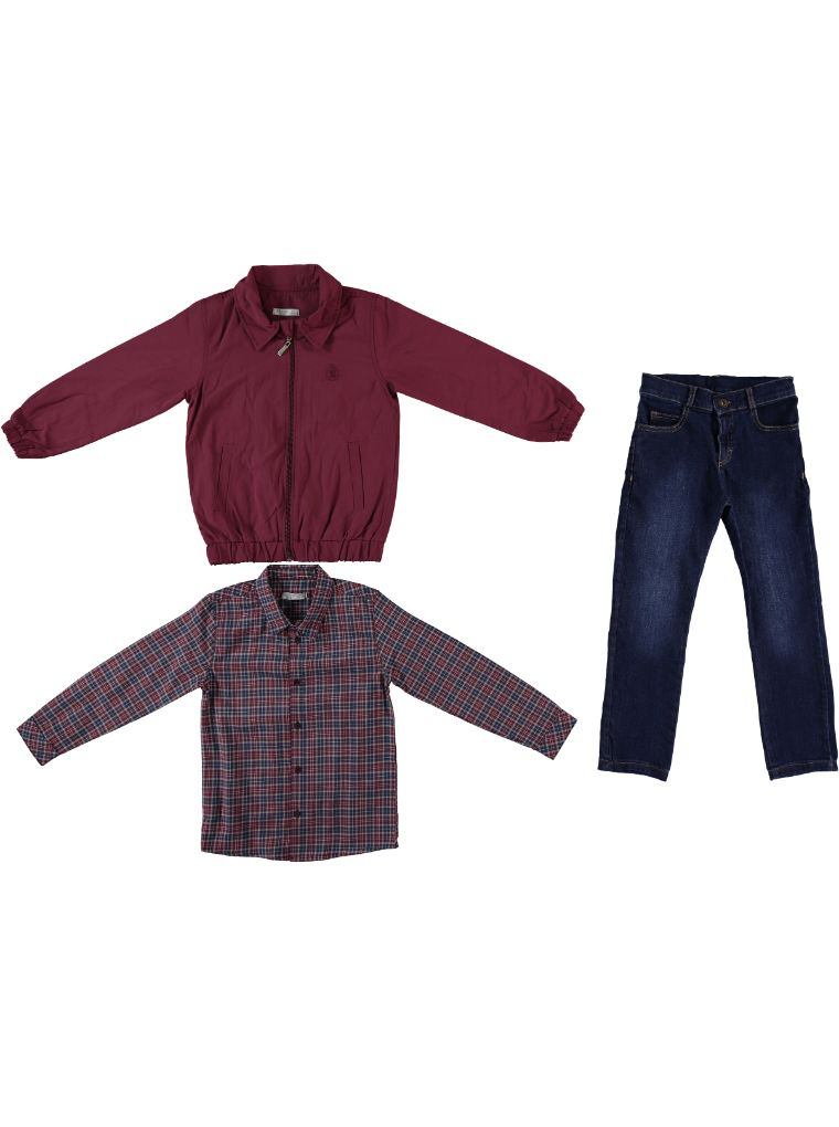 Burgundy Jacket, Plaid Shirt & Jeans Set