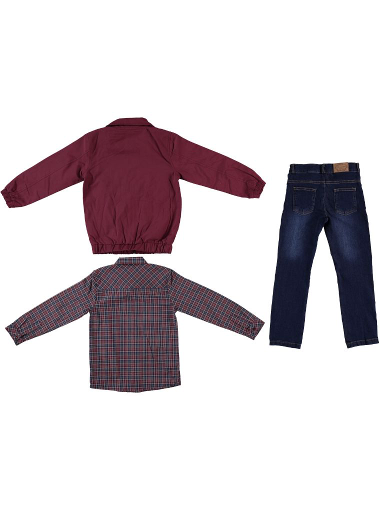 Burgundy Jacket, Plaid Shirt & Jeans Set