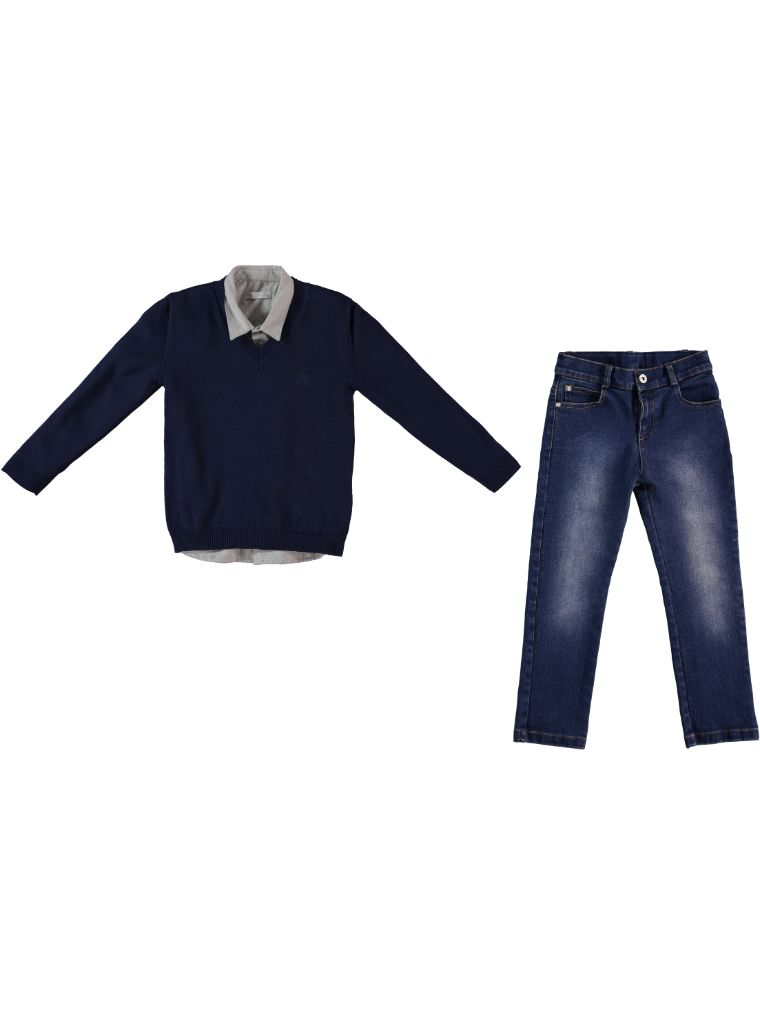 Knit Sweater, Shirt & Jeans Set