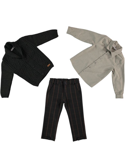 Knit Cardigan, Shirt & Checked Pants Set