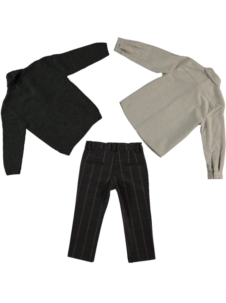 Knit Cardigan, Shirt & Checked Pants Set