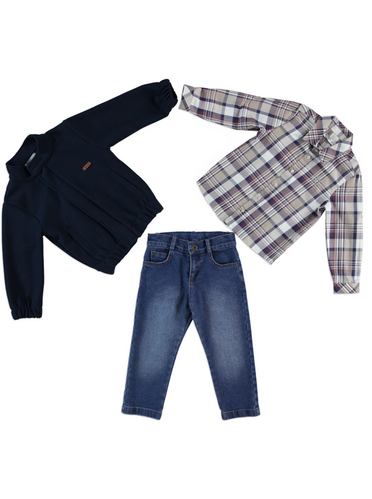 Navy Jacket, Plaid Shirt & Jeans Set