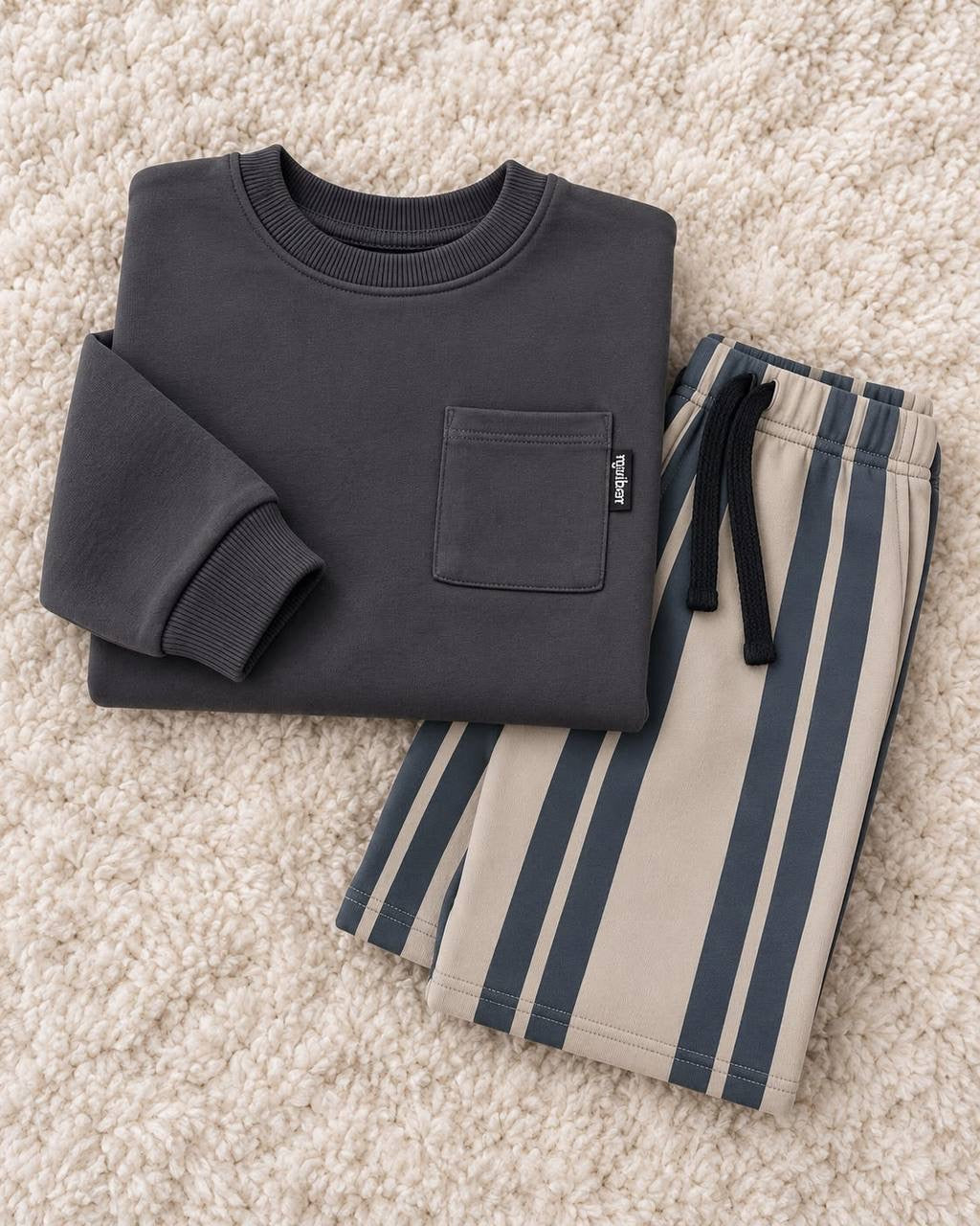 Gray Basic Wide Leg Striped Set