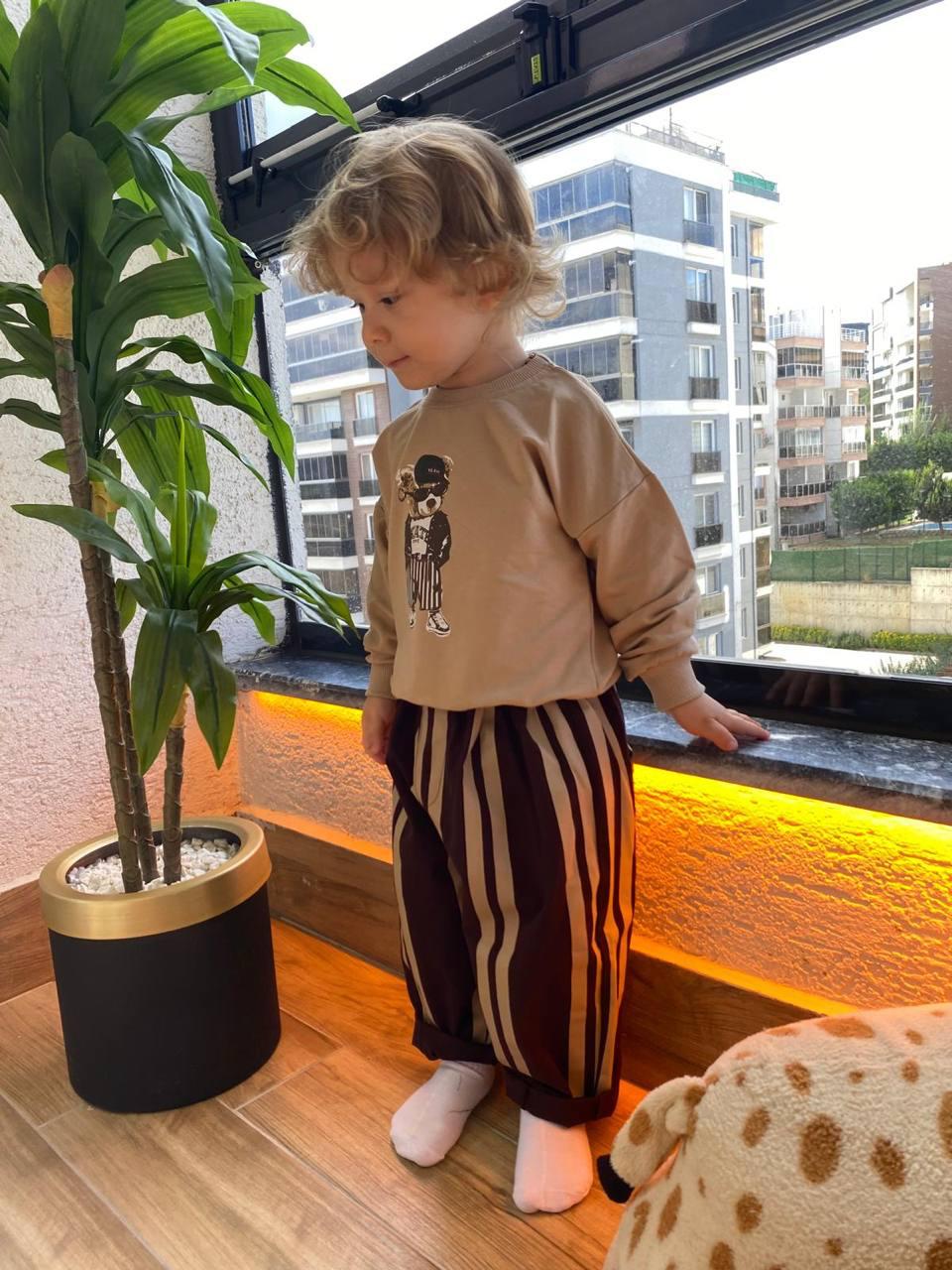 Striped Denim Pants Bear Set
