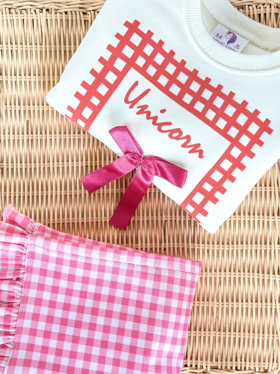 Pink Checkered Denim Bow Set