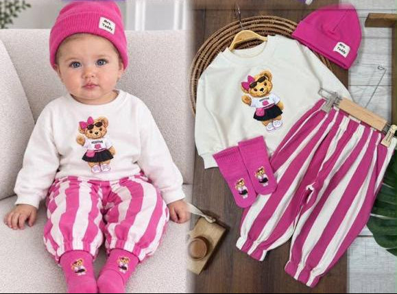 Dark Pink Striped 4 PCs Set