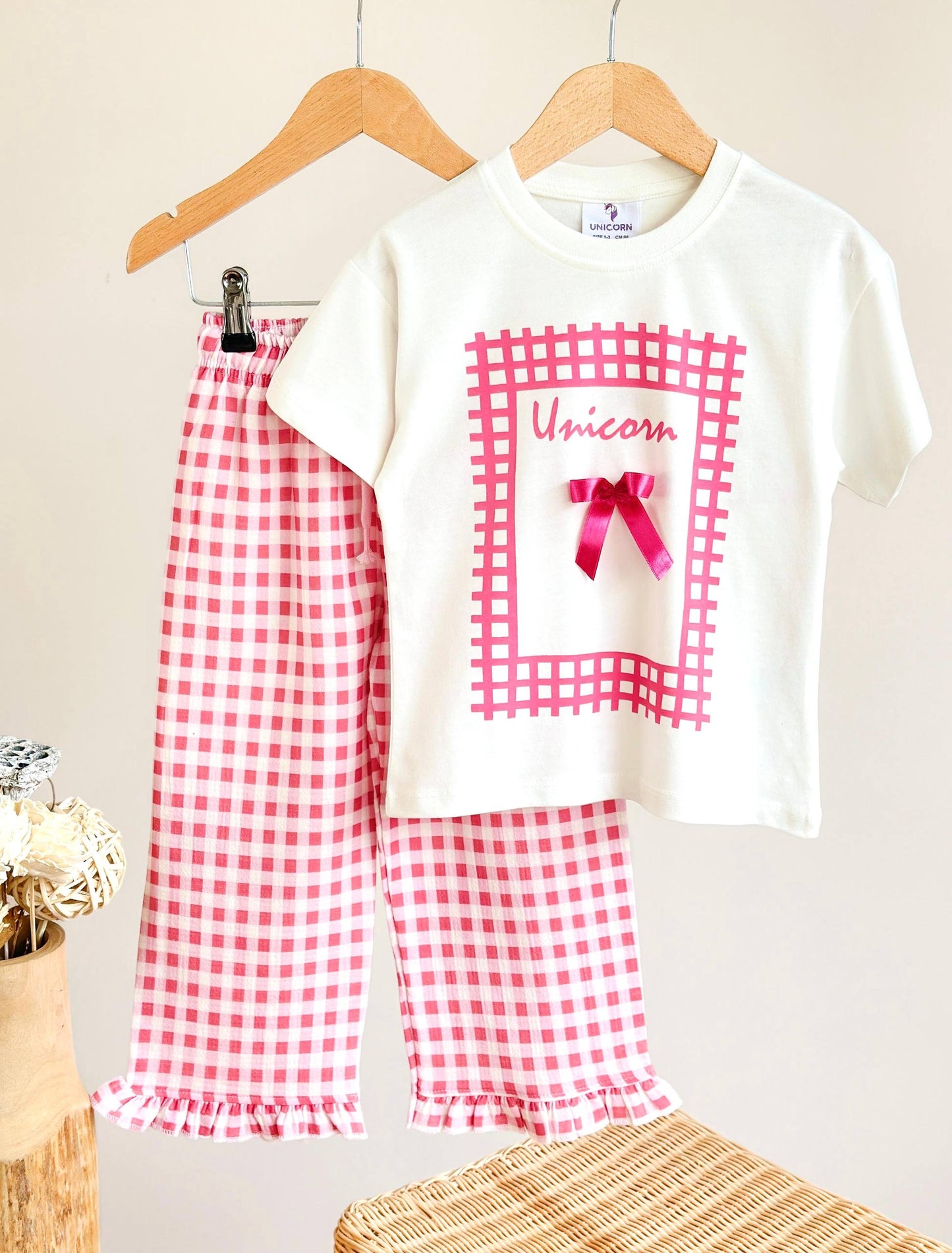 Pink Gingham Bow Wide-Leg Set