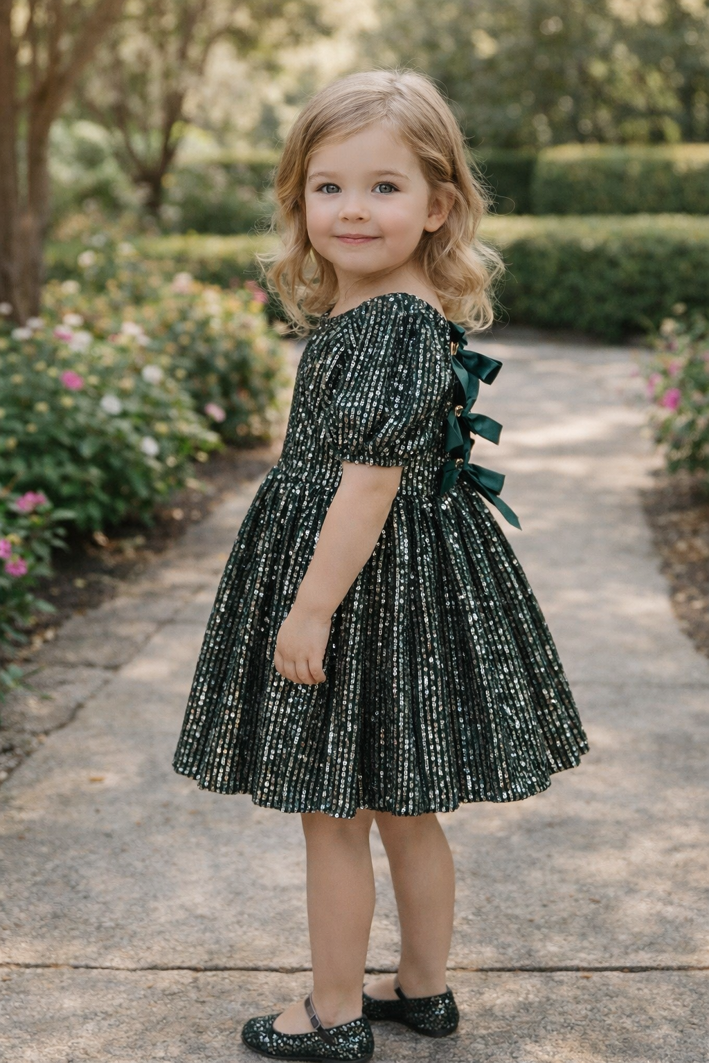 Girls Emerald Sequin Open-Back Bow Dress