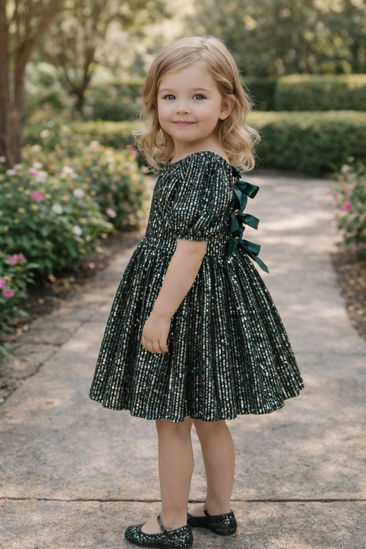 Girls Emerald Sequin Open-Back Bow Dress