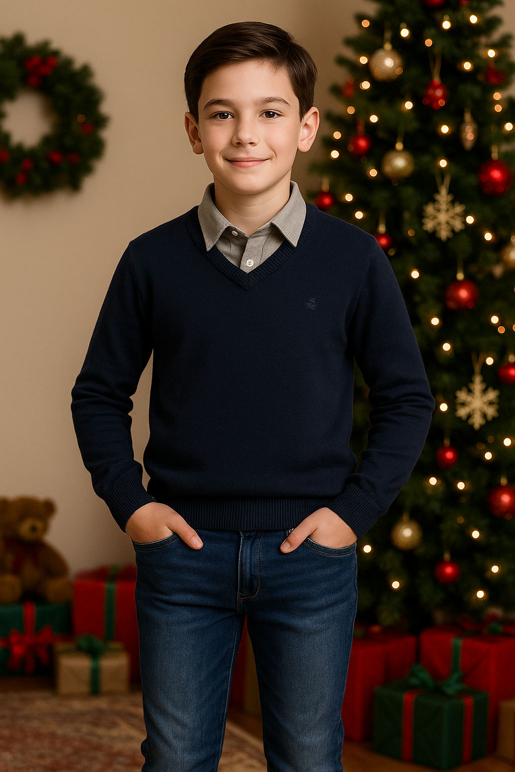 Knit Sweater, Shirt & Jeans Set