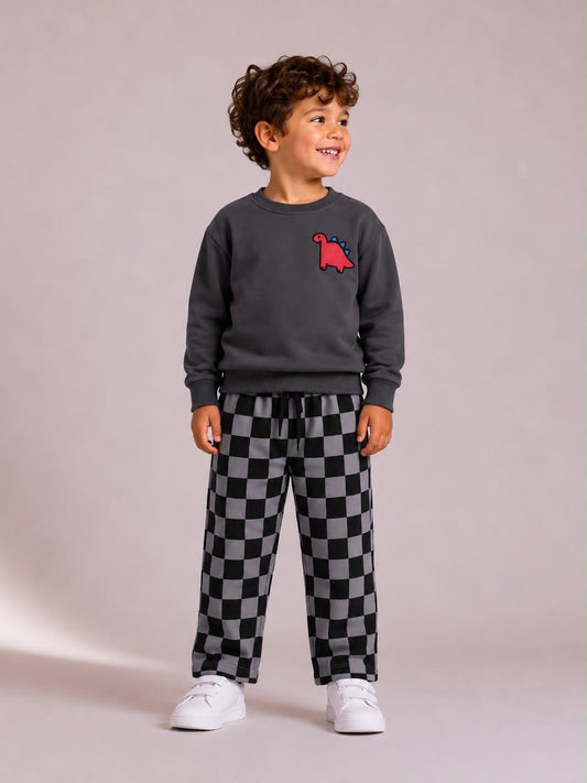 Grey Checkered Pants Dino Set