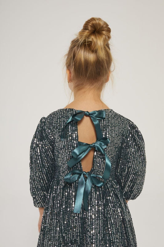 Girls Emerald Sequin Open-Back Bow Dress