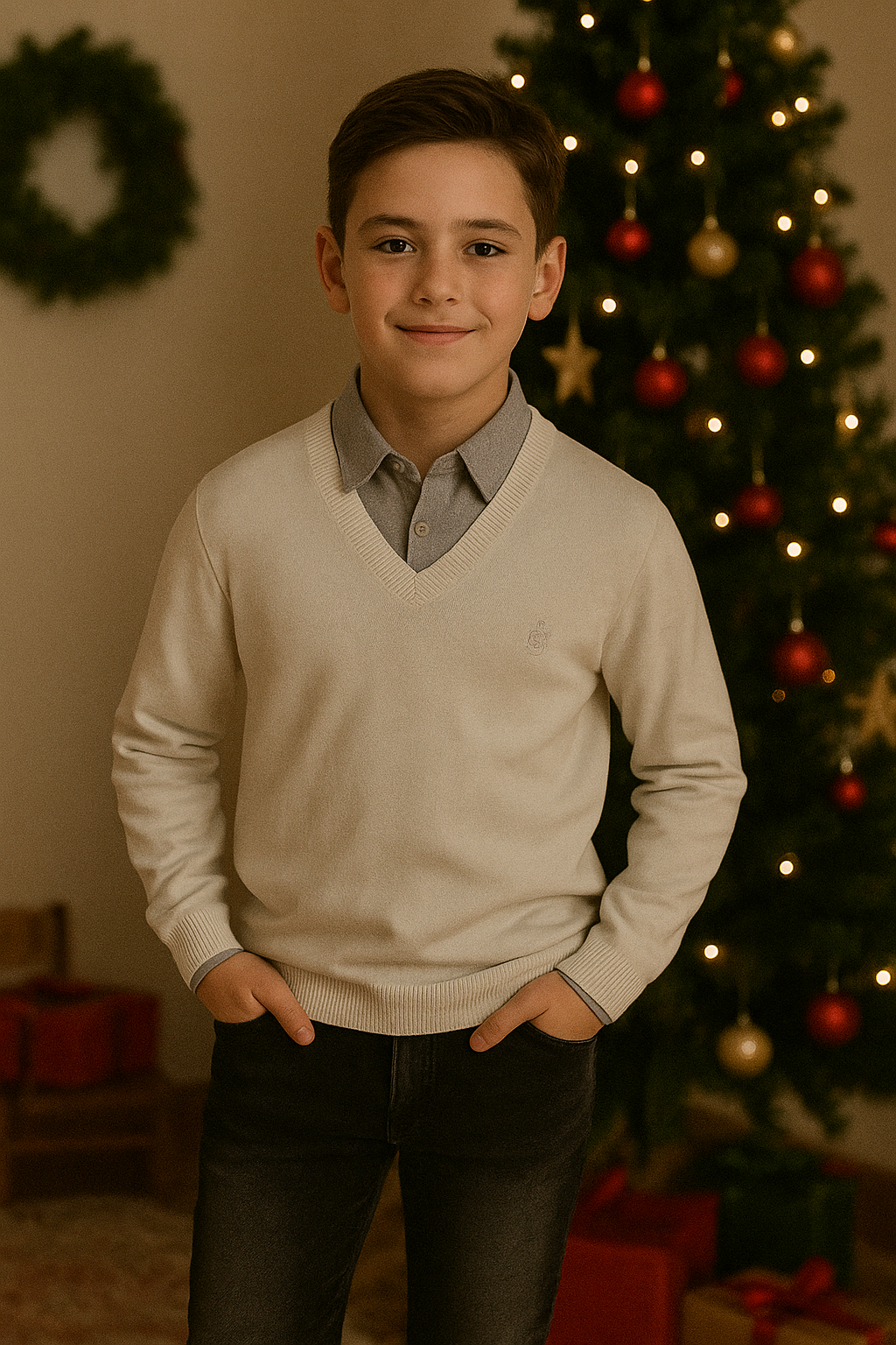 Knit Sweater, Shirt & Jeans Set