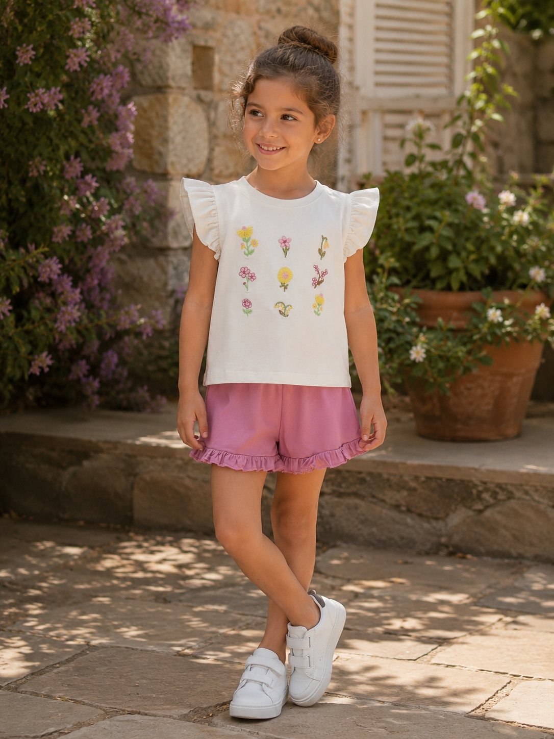 Embroidered Pink Flowers Set