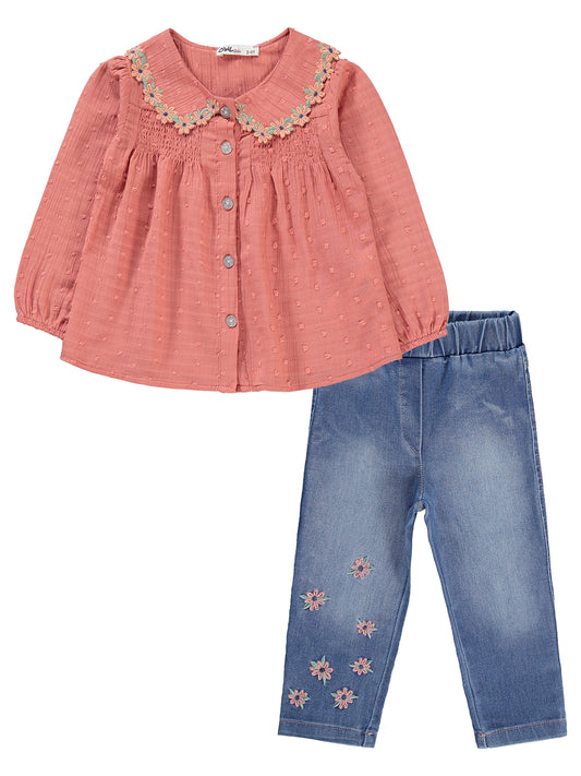 Embroidered Shirt and Jeans Set