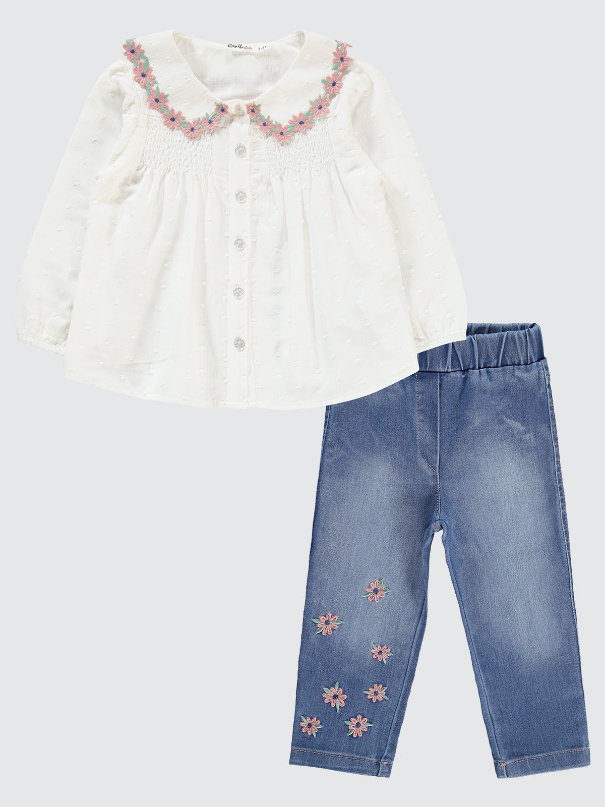 Embroidered Shirt and Jeans Set