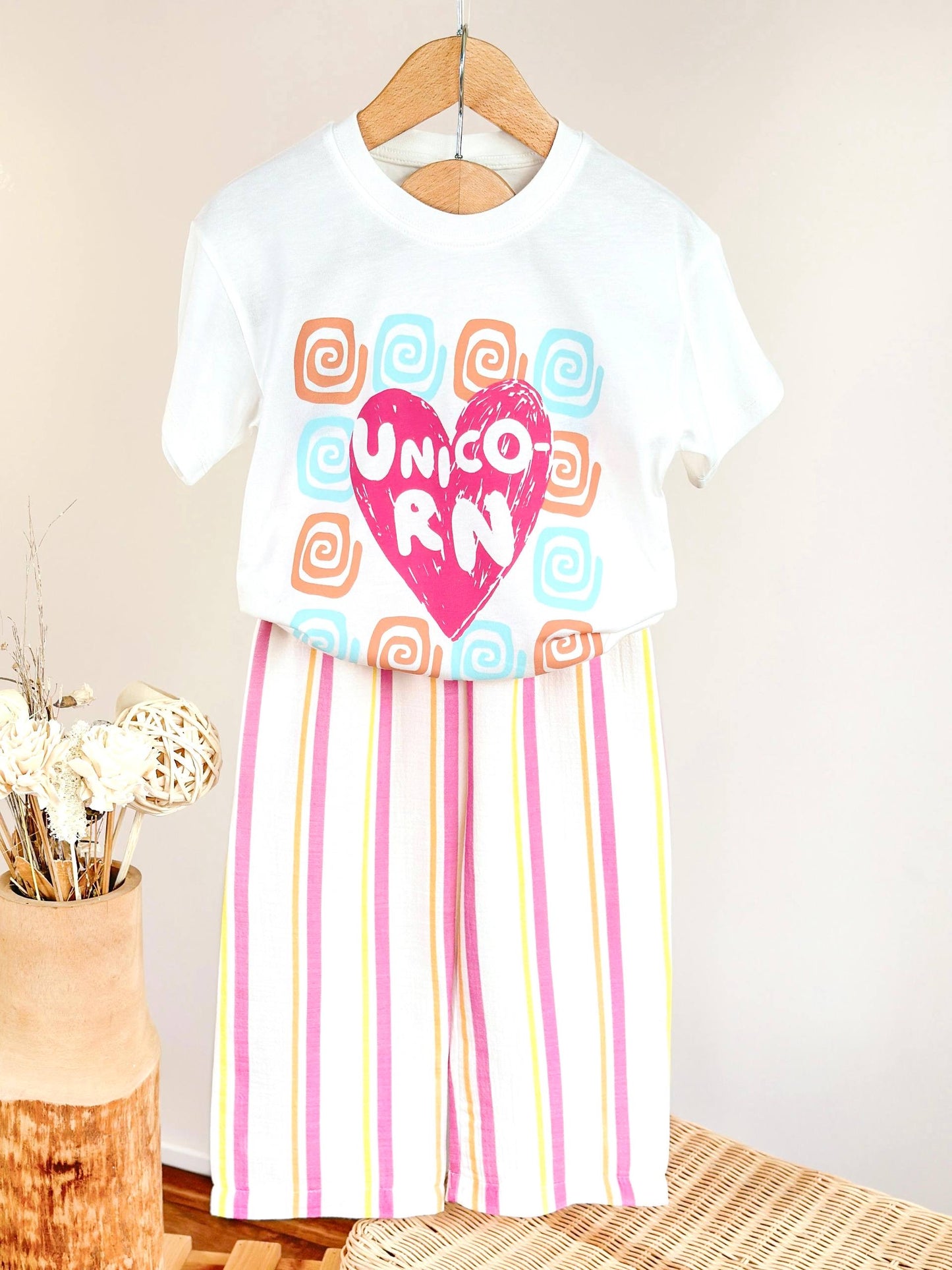 Unicorn Heart Striped Wide-Leg Set