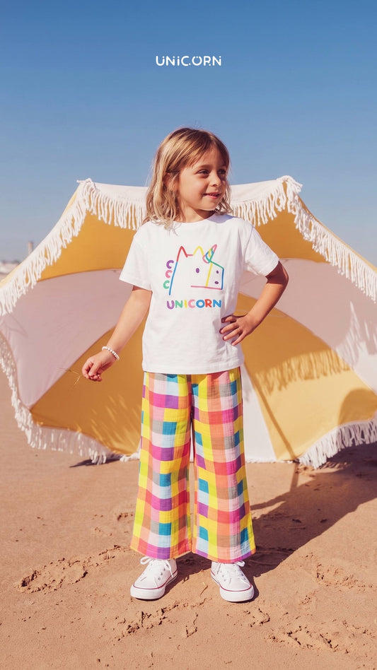 Rainbow Unicorn Tee & Checkered Wide-Leg Set