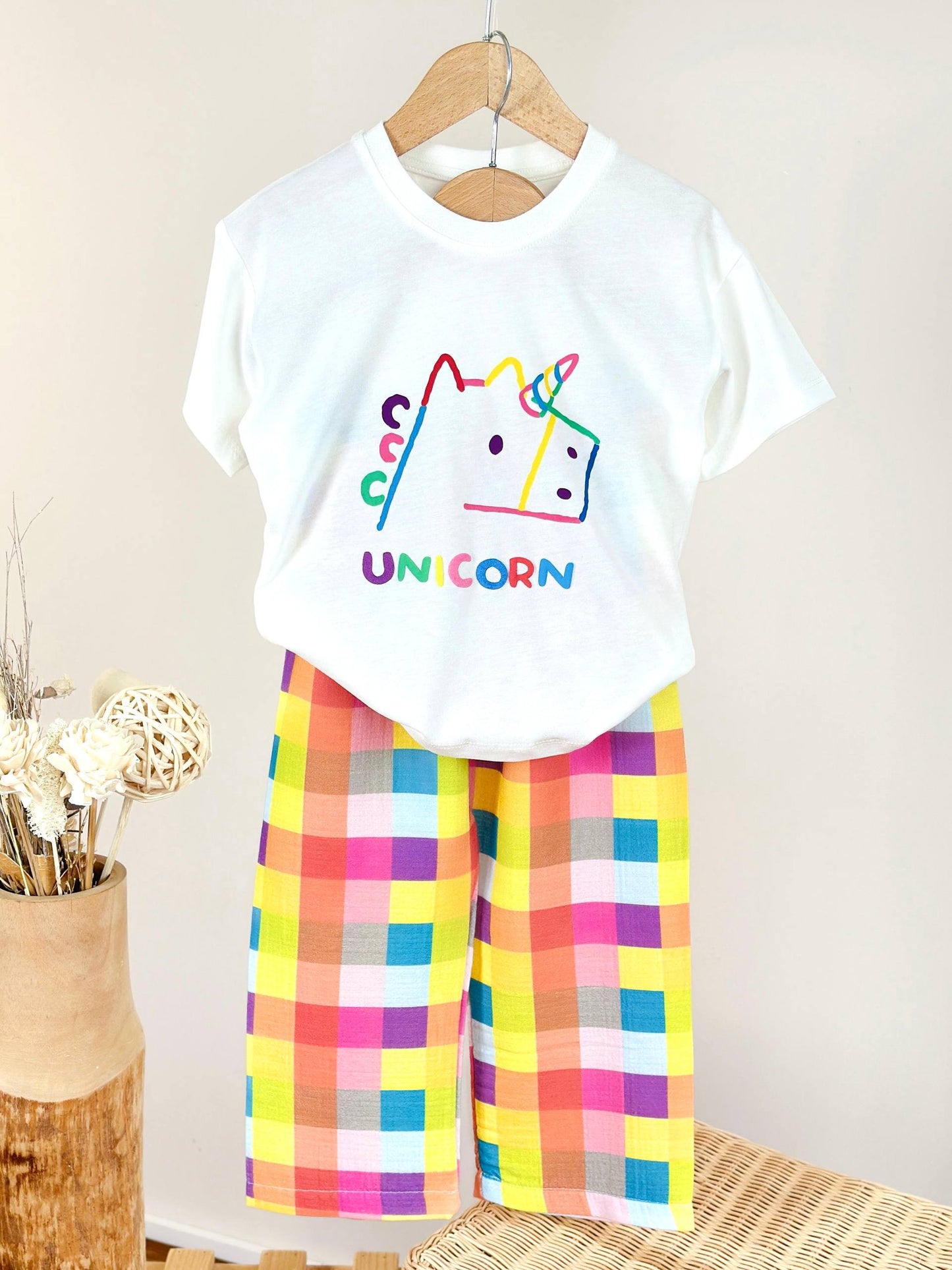Rainbow Unicorn Tee & Checkered Wide-Leg Set