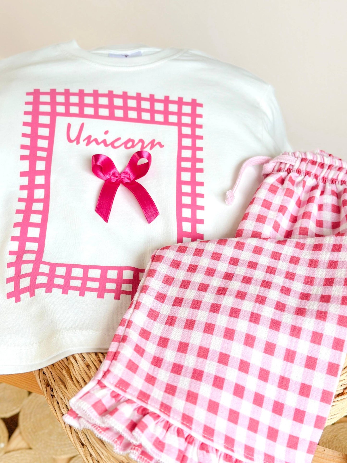 Pink Gingham Bow Wide-Leg Set