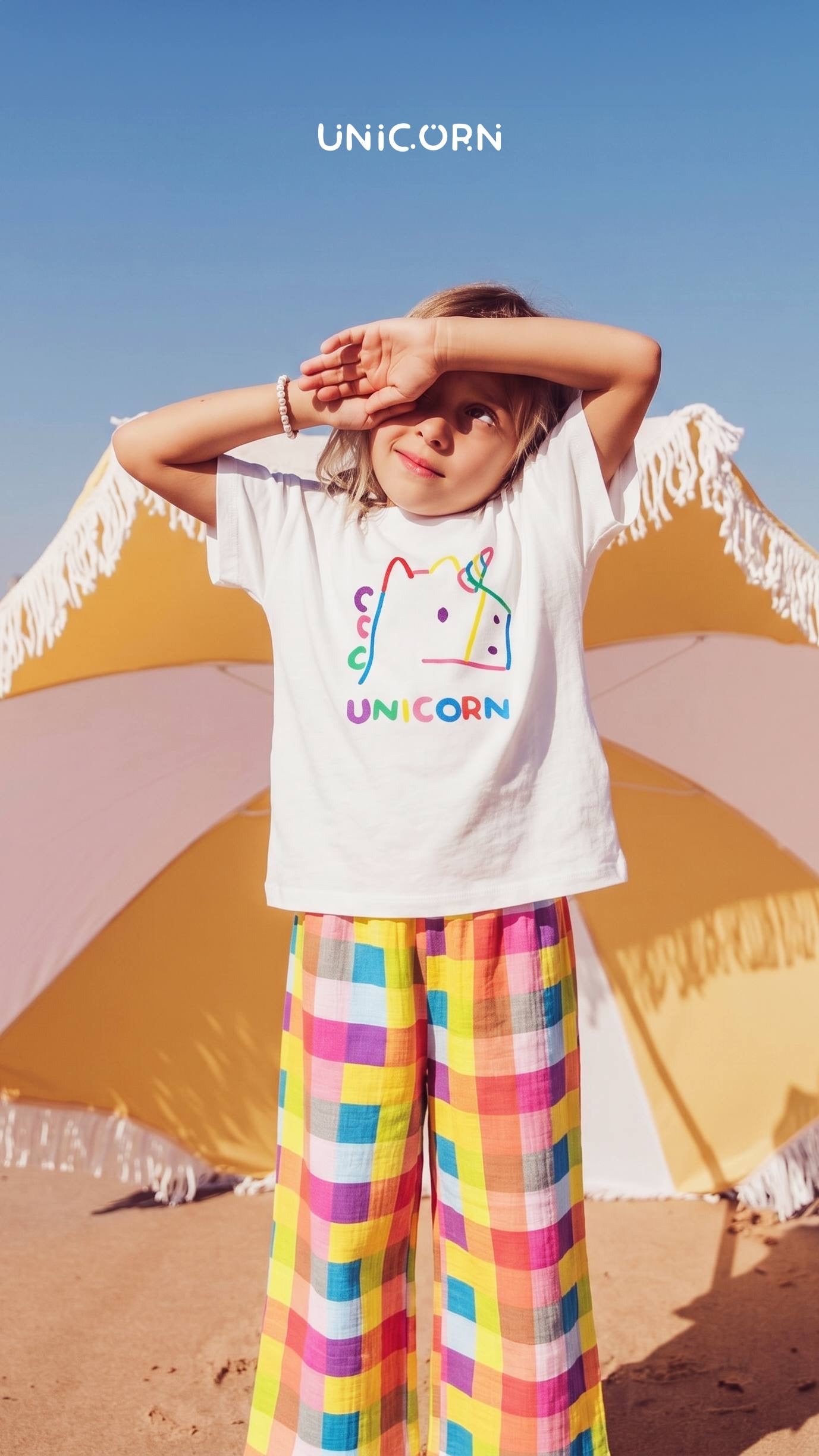 Rainbow Unicorn Tee & Checkered Wide-Leg Set