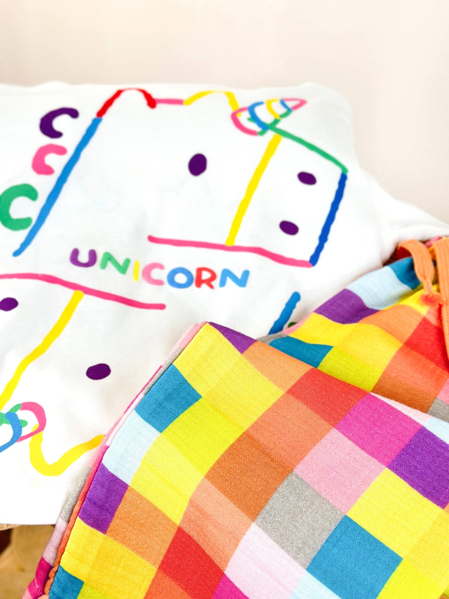 Rainbow Unicorn Tee & Checkered Wide-Leg Set