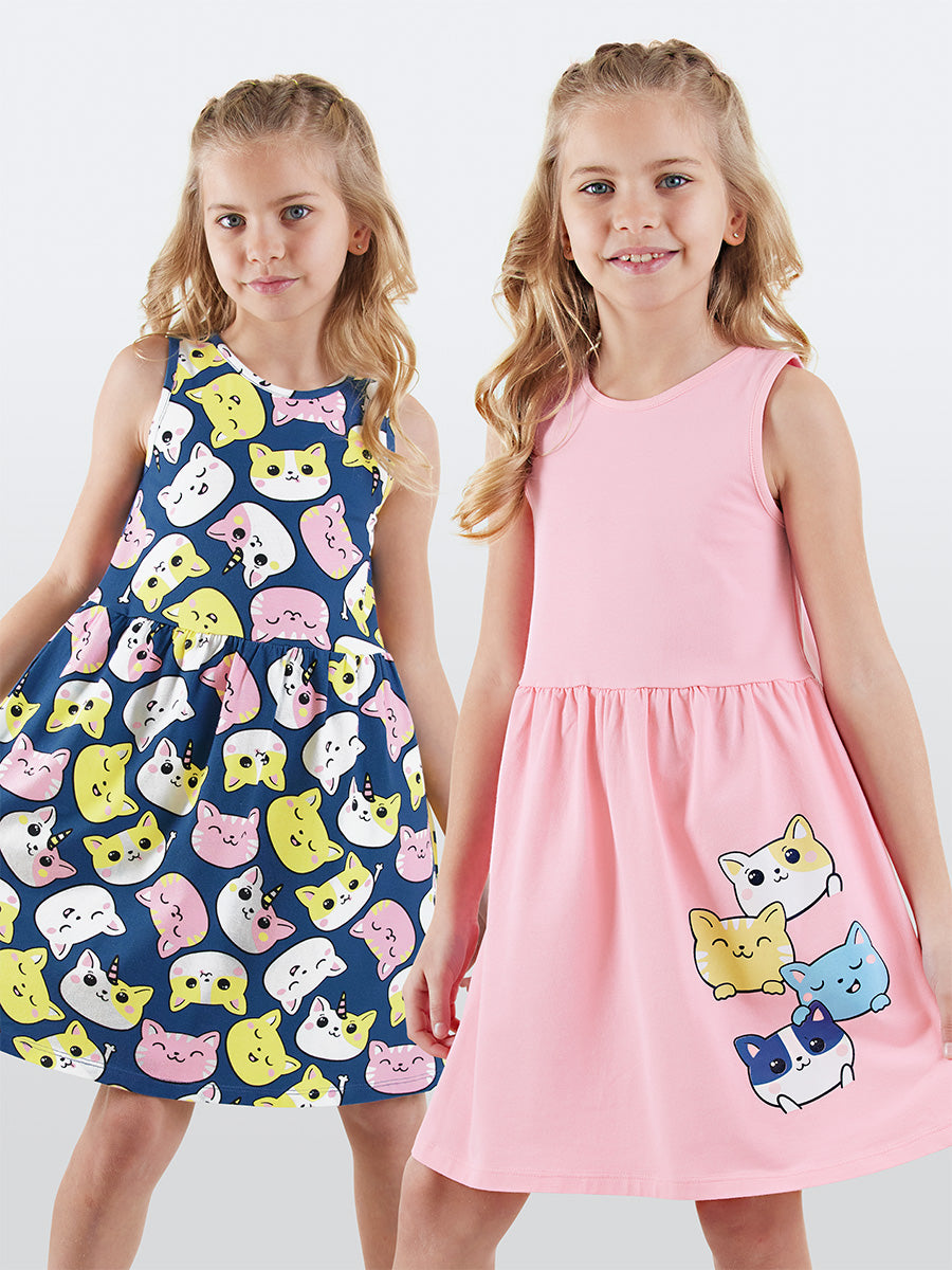 2 Pack Girl Cotton Jersey Dresses Kitties