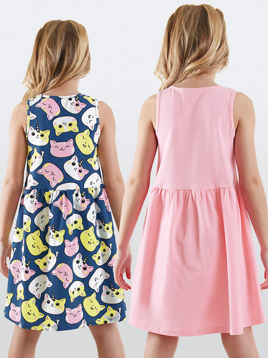 2 Pack Girl Cotton Jersey Dresses Kitties