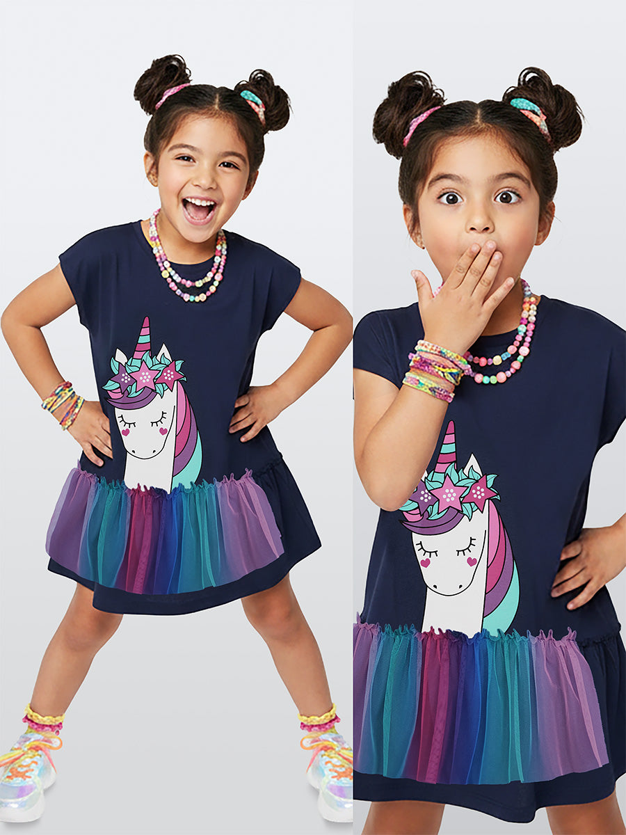Girls Dress Navy Blue Unicorn Cotton