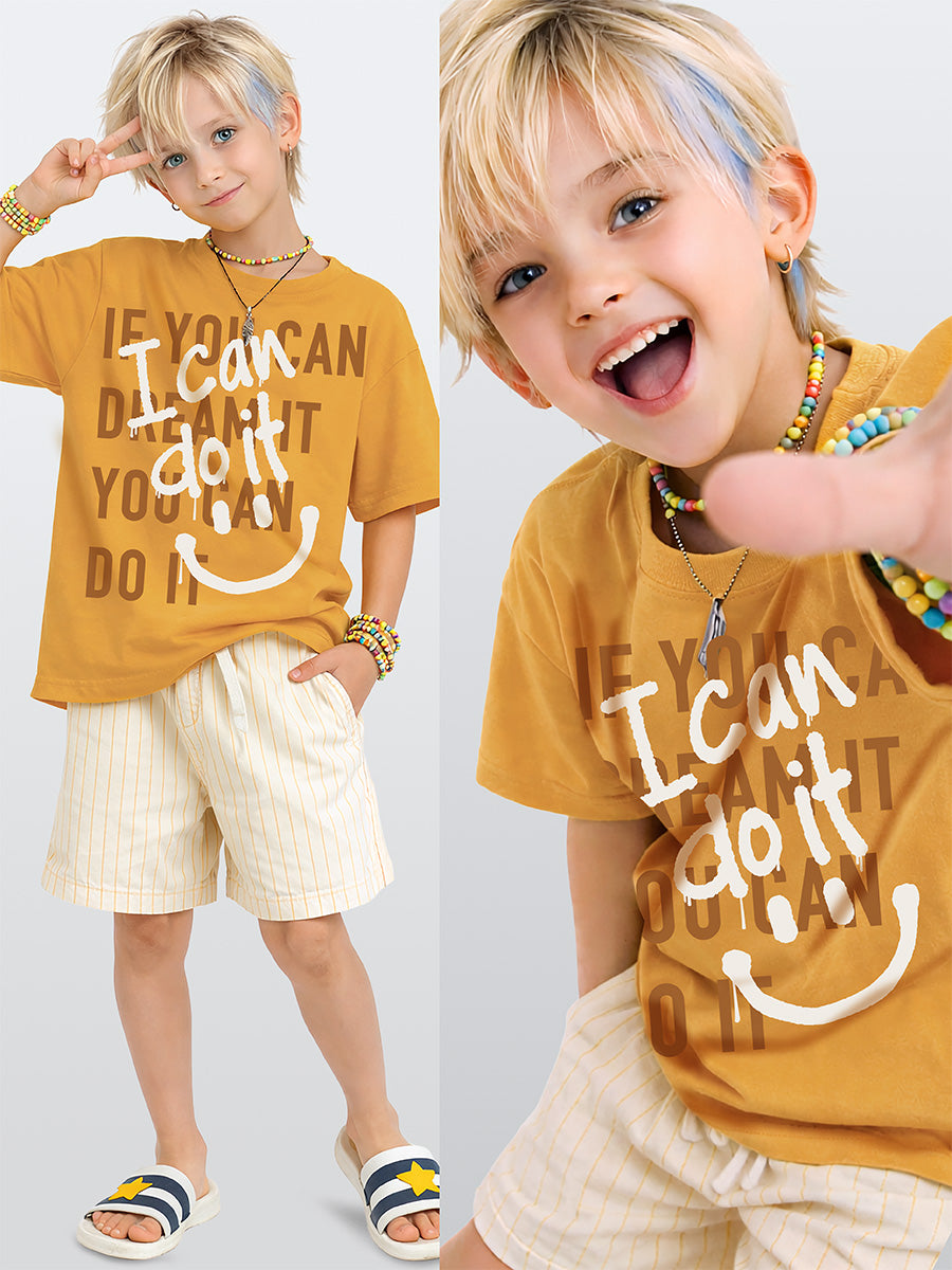 Boys Set Slogan Printed T-shirt & Striped Shorts