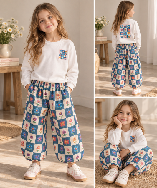 Blue Flowers Balloon Pants Set