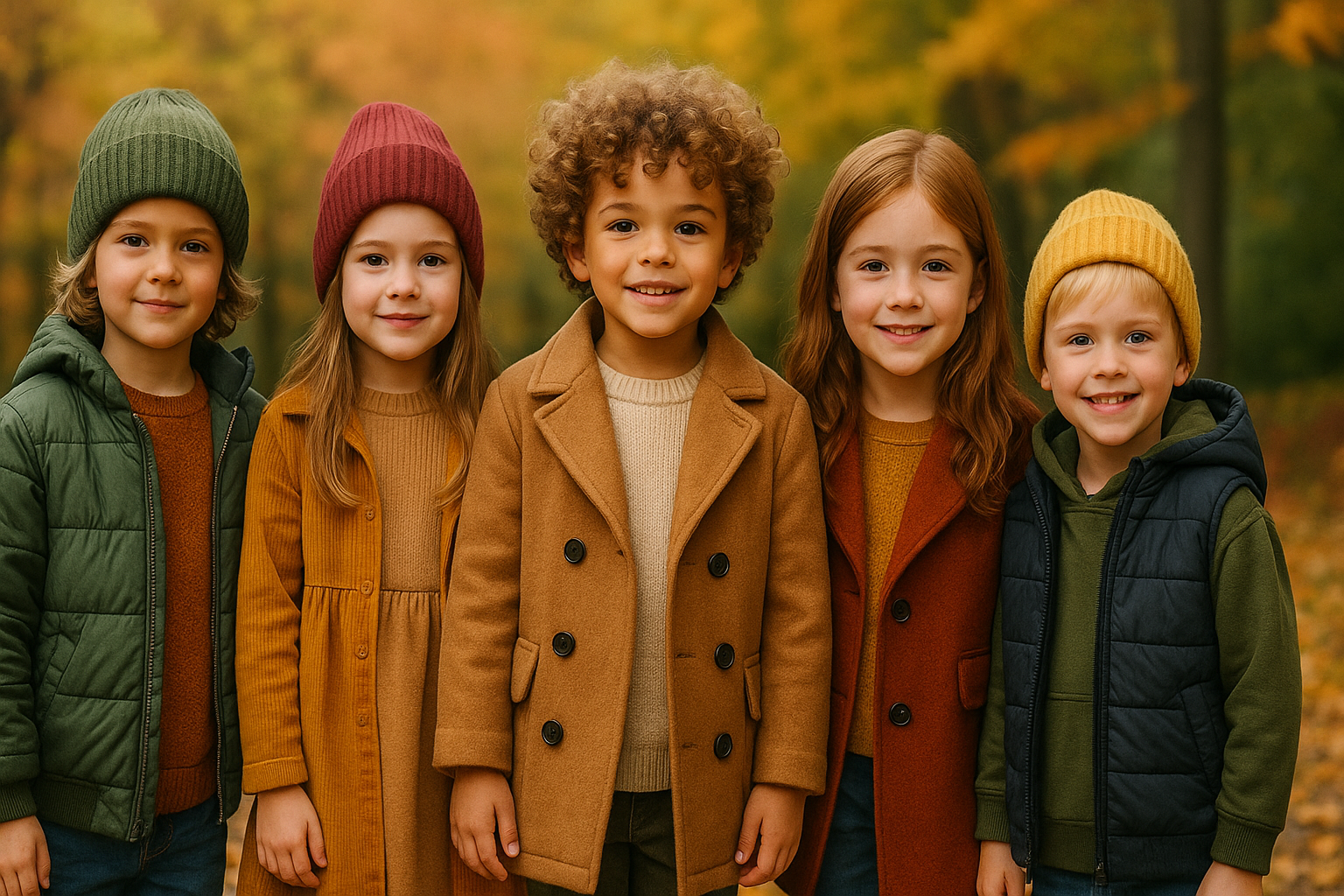 Five children standing together outdoors in autumn clothing