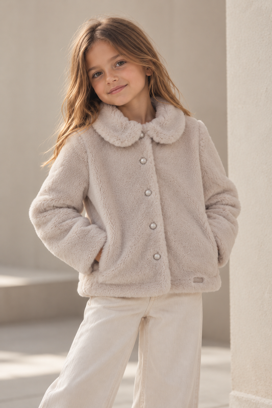 🤍 Girls Soft Beige Faux Fur Coat