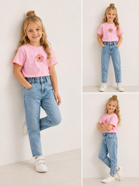Pink Daisy Tee & Denim Mom Jeans Set