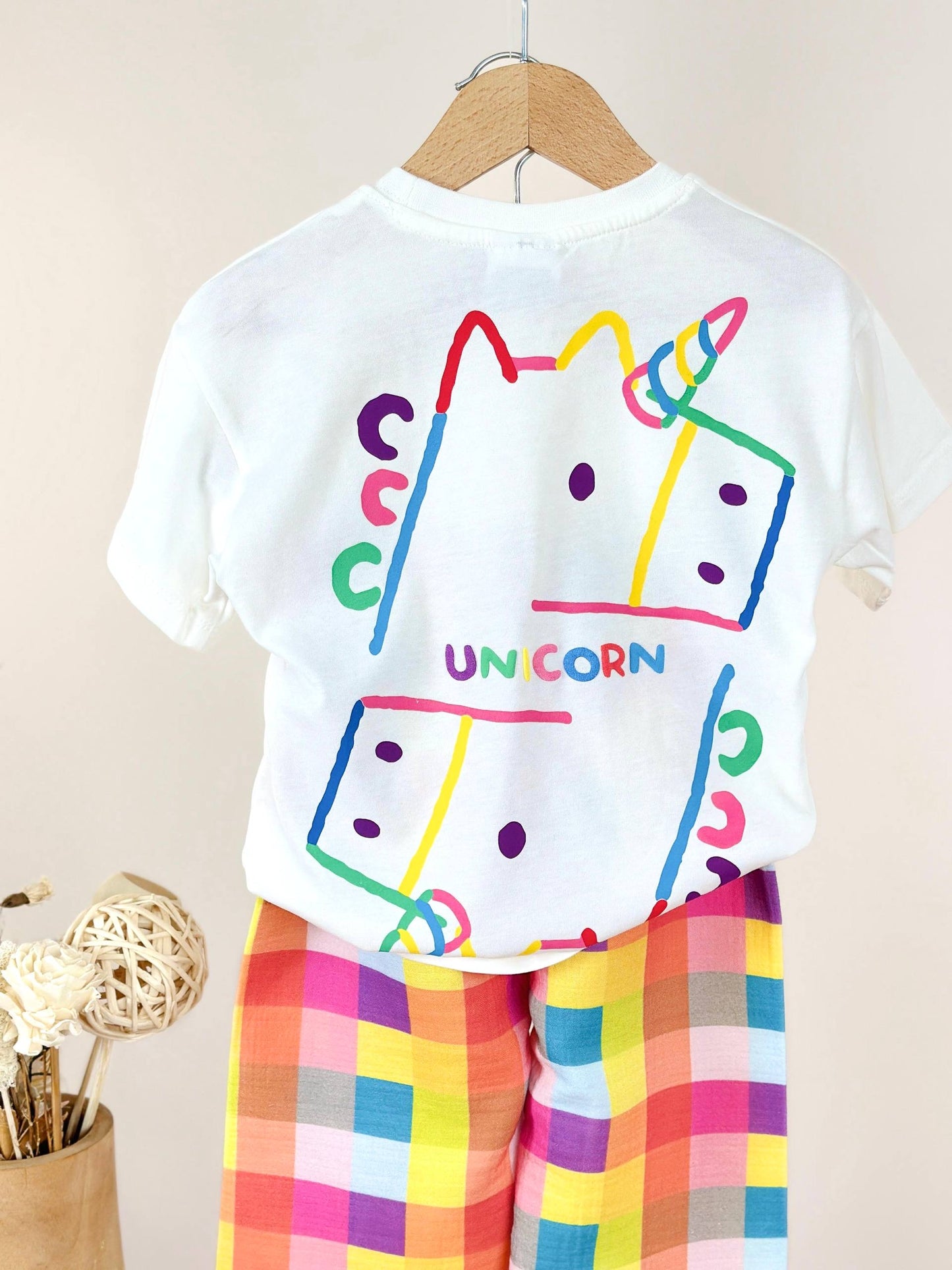 Rainbow Unicorn Tee & Checkered Wide-Leg Set