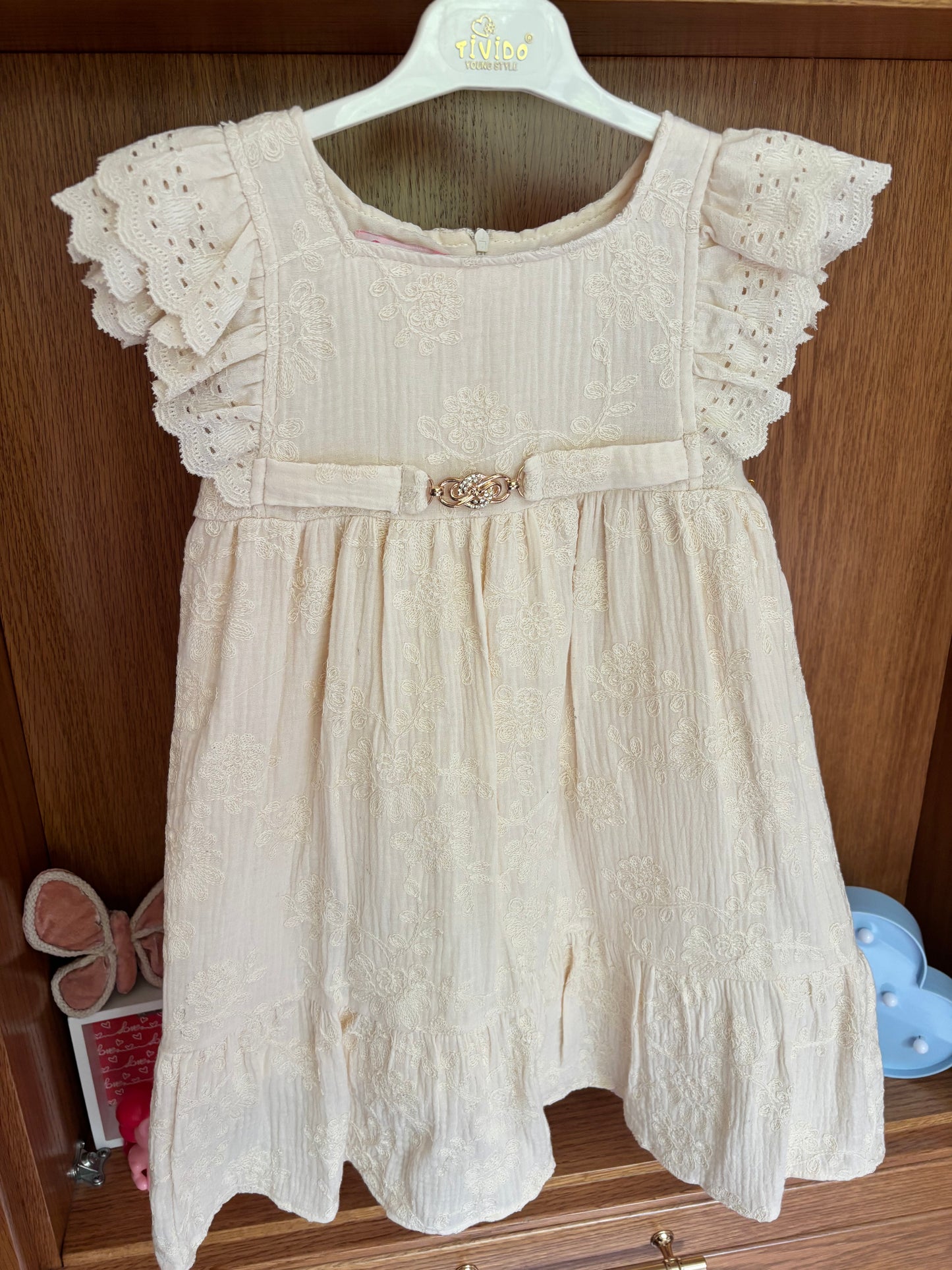 Off white Embroidered Belted Dress