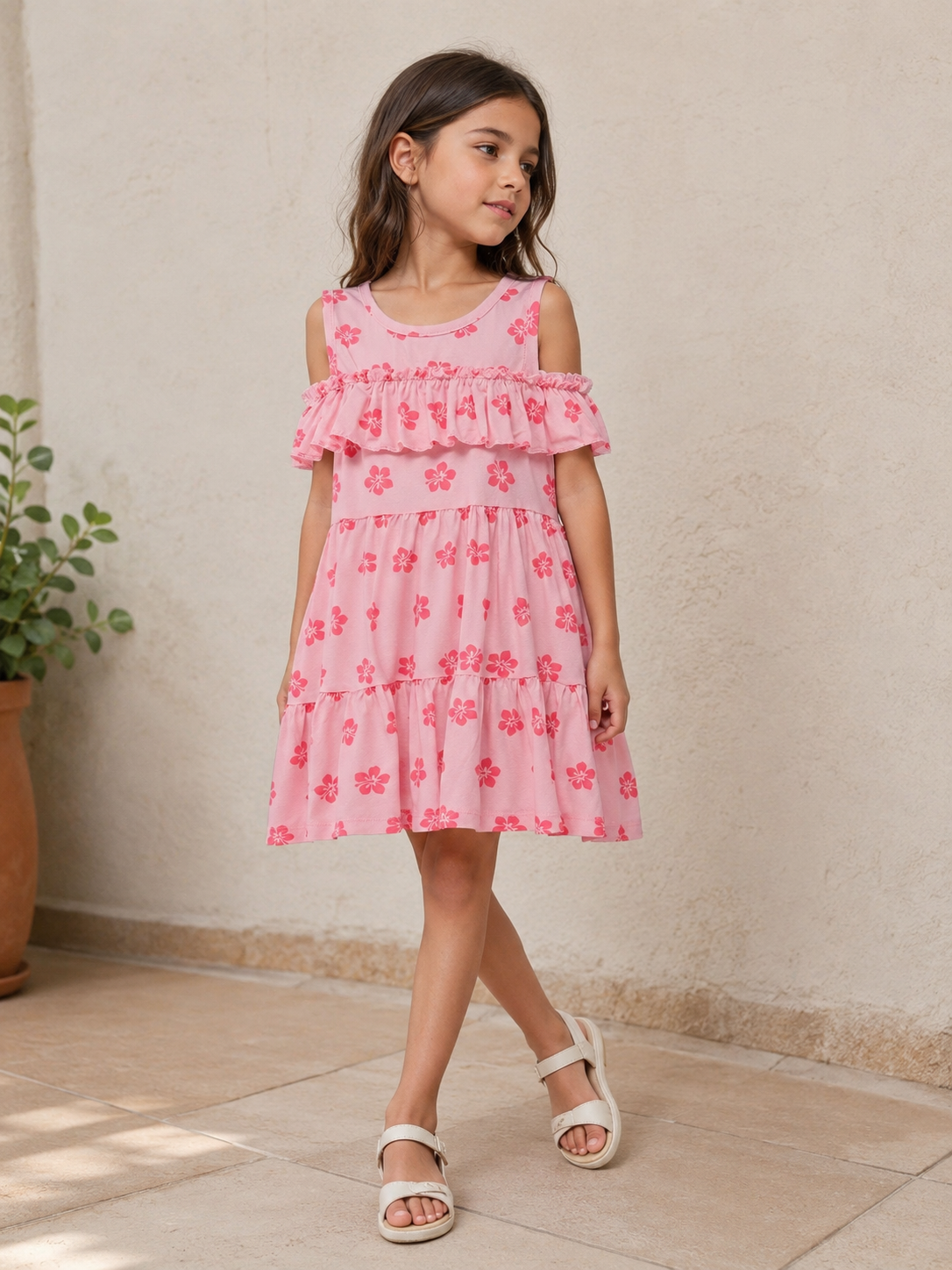 Pink Flowers Offshoulder Cotton Dress
