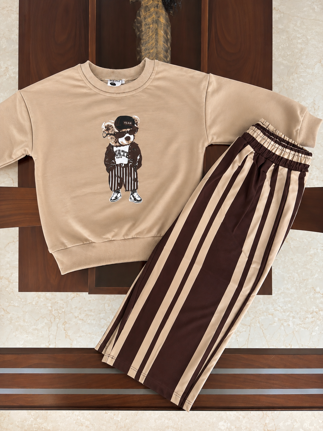 Striped Denim Pants Bear Set