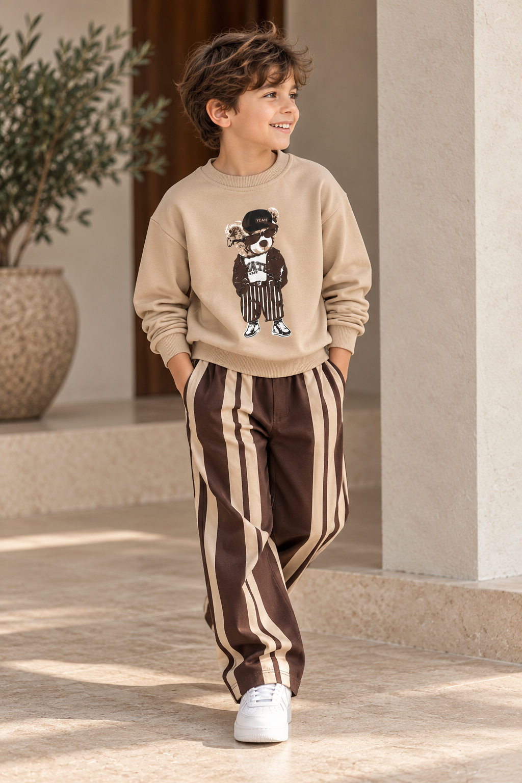 Striped Denim Pants Bear Set