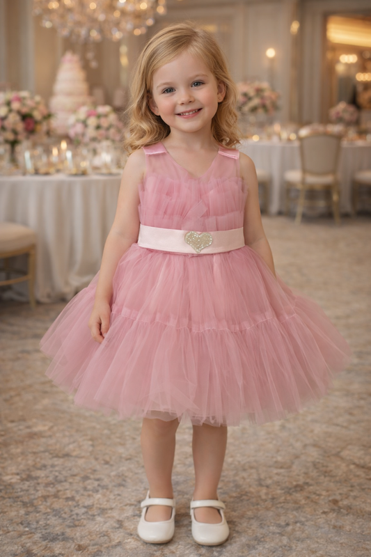 Pink Heart-Buckle Tulle Princess Dress
