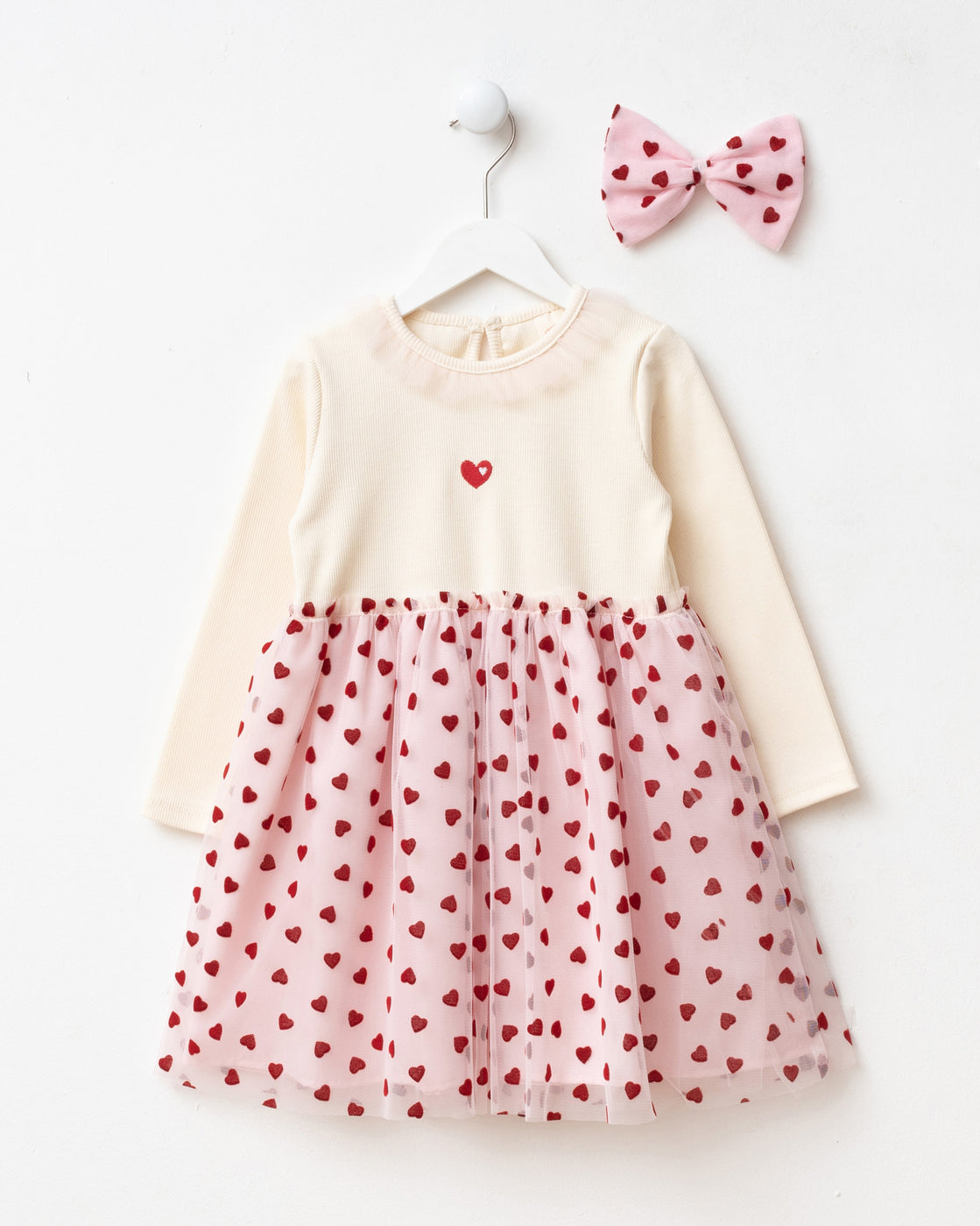 Pink & Red Hearts Tulle Dress + Hair Accessory