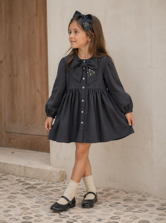 🌸 Charcoal Embroidered Bow Dress + Hair Bow Set |Monnarosa Milano
