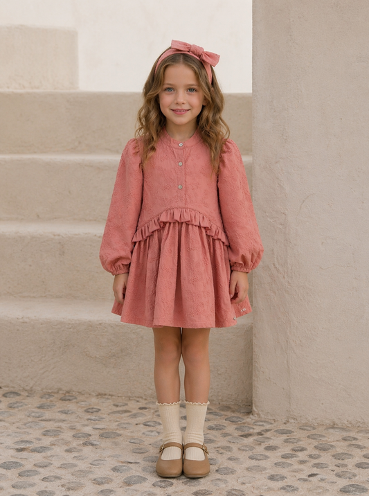 “Dusty Rose” Embroidered Ruffle Dress